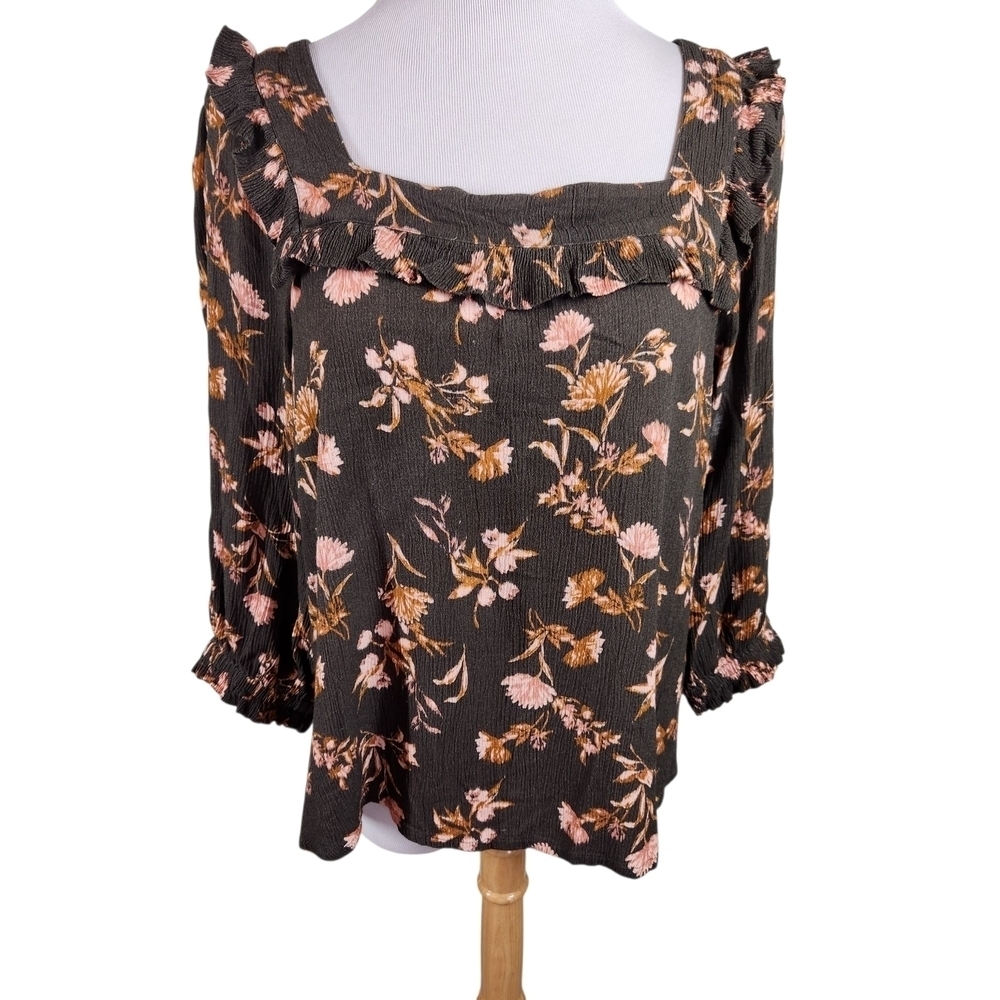 Garnet Hill Jasmine Crepe Floral Ruffle Blouse, Sz M